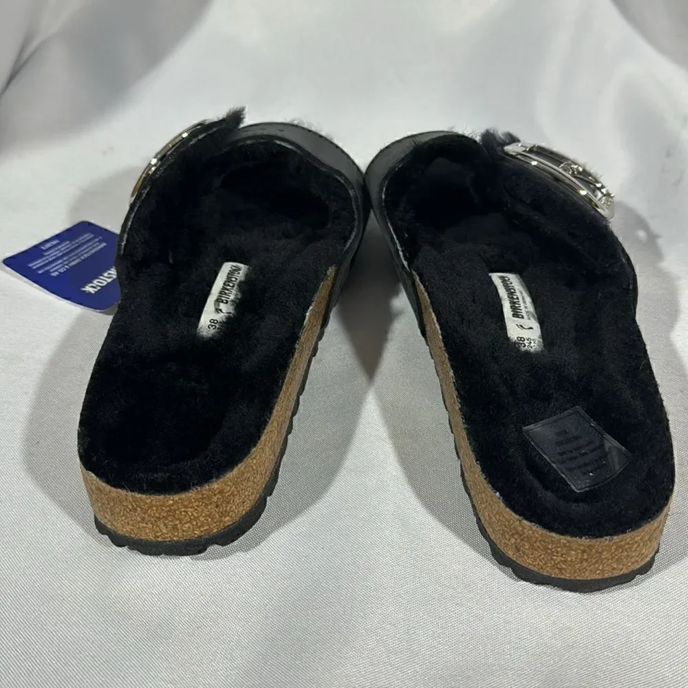 BIRKENSTOCK MADRID SHEARLING BIG BUCKLE SANDALS BLACK NEW NWT